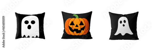 Three halloween themed throw pillows with ghost and pumpkin designs isolated on transparent background