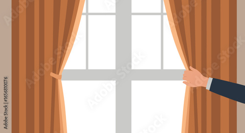 A hand pulls back a heavy, warm-toned curtain to reveal the bright daylight streaming through a large window, offering a glimpse of the outside world.
