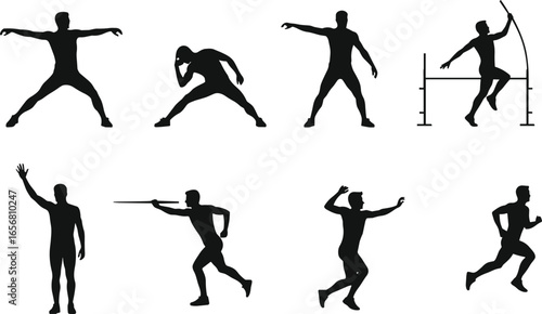 Vector silhouettes of male athletes performing javelin throw, sprint, discus, pole vault, training, dynamic poses, action, track and field