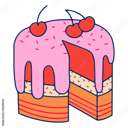 Piece of cake with icing and cherries