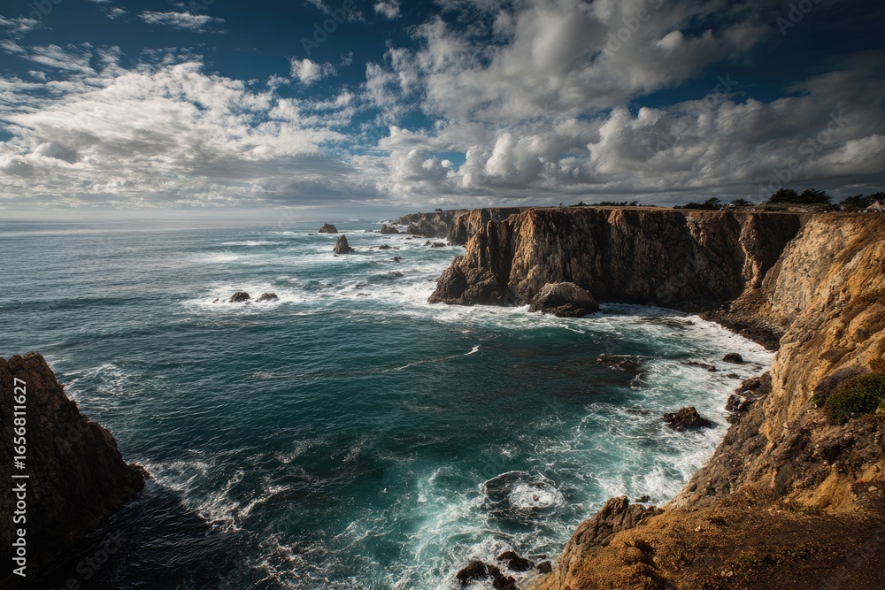Obraz premium Coastal cliffs meet churning sea under dramatic sky