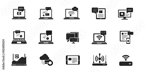 Silhouette Set of Remote work culture icons including laptops, video calls, cloud folders, task boards, and Wi-Fi routers
