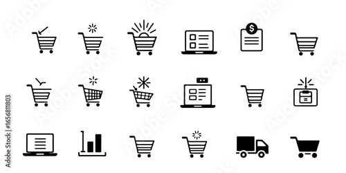 Silhouette Set of E-commerce essential icons featuring shopping carts, online checkout screens, delivery parcels, and discount tags