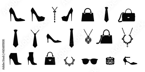 Silhouette Set of Fashion accessories icons featuring high heels, sunglasses, handbags, ties, and jewelry