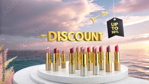 Golden discount on luxury lipsticks with beautiful sunset background