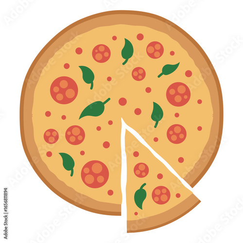 Playful pizza illustration with pepperoni and basil leaves