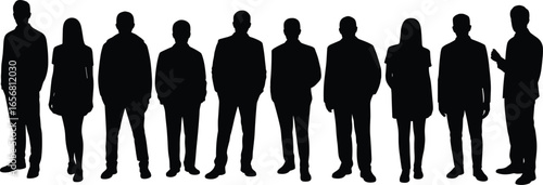 Silhouette of Business People Standing in Line, Men and Women in Formal Attire, Corporate Team, Leadership, Unity, Workforce Concept
