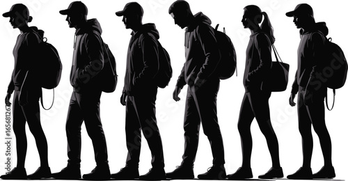 Silhouette of Students with Backpacks Standing in Line, Teenagers in Casual Outfits, Isolated on White, Education and School Concept