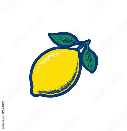 A vibrant yellow lemon with green leaves, outlined in navy blue