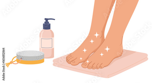 An illustration of a person's feet resting on a towel after a foot care routine, with soap and lotion bottles nearby, promoting hygiene and wellness.
