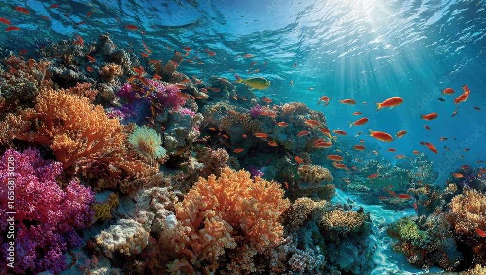 Fototapeta premium Vibrant coral reef teeming with colorful fish under a sunlit surface