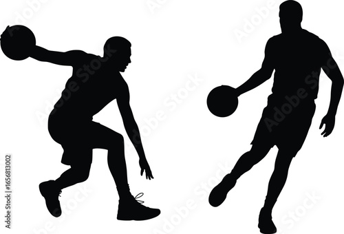 Silhouettes of Two Basketball Players in Action, Dribbling and Guarding, Isolated on White Background, Perfect for Sports Design Concepts
