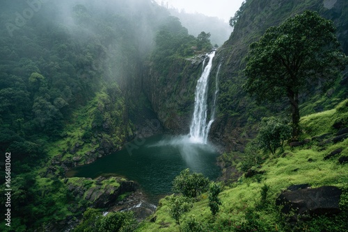 Lush waterfall cascading into a tranquil pool amidst misty mountains