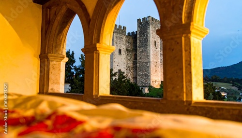 Stone archways frame a medieval castle.