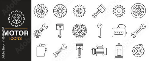 Icon set of gears, pistons, and tools for repair and engineering