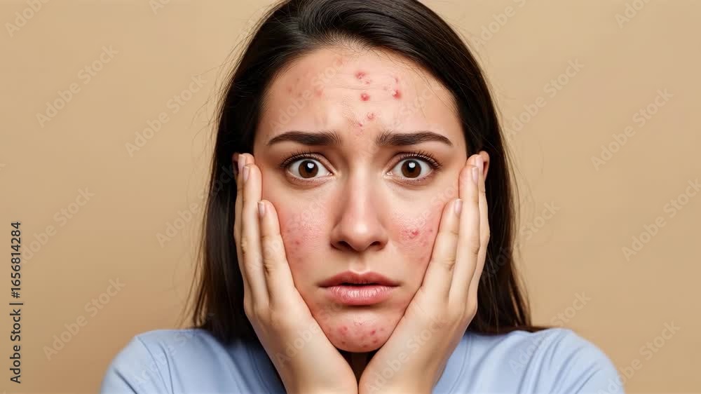 Stressed Young Woman with Acne Covering Face in Hands, Young Woman Feeling Anxious and Stressed While Covering Her Face Showing Acne Stressed Young Woman with Acne Covering Face in Hands, Young Woman Feeling Anxious and Stressed While Covering Her Face Showing Acne