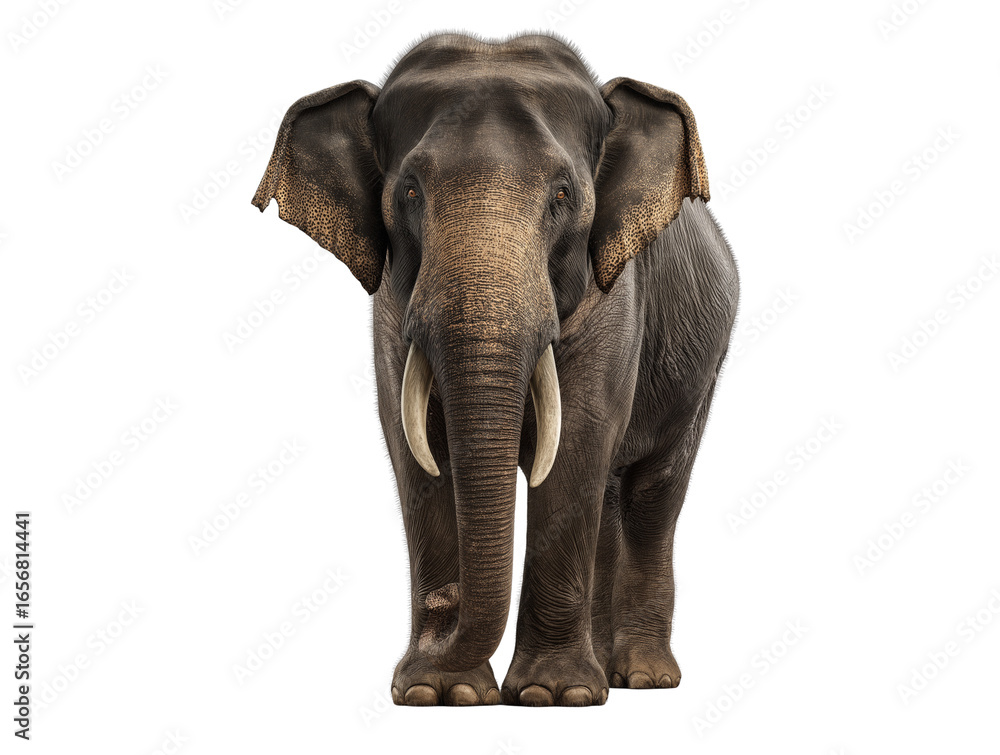 Fototapeta premium vFront view of an elephant walking, white background, photorealistic, clip art style, isolated on white background, high resolution, no shadow
