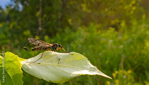 Close-up of a crane fly resting on a leaf.