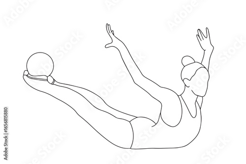Vector illustration of a rhythmic gymnast with a ball. The gymnast gracefully stretches her legs and arms while holding the ball.