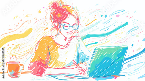 Creative woman working on laptop with coffee and colorful art