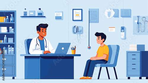 Vector Illustration of a Doctor Providing Consultation to a Male Patient in a Modern Medical Office, Emphasizing Healthcare and Professionalism.