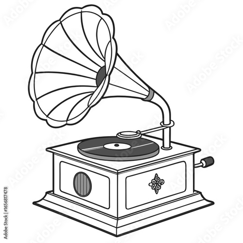 An isolated antique wooden gramophone with a brass speaker plays vintage music on a vinyl record, evoking a sense of nostalgia