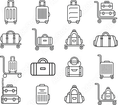 Line Art Luggage Icons Suitcases, Bags, and Travel Carts
