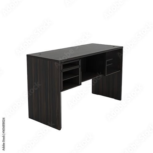 Dark wooden office desk with drawers.