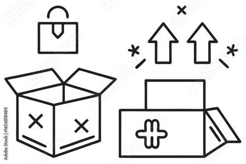Collection of boxes open closed and stacked with opening action