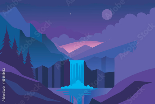 Serene night scene with cascading waterfall and vibrant colors