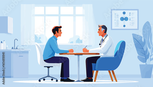 Doctor and patient discussing treatment during a medical consultation in a modern clinic office vector illustration.eps