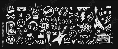 Rock and roll doodle vector set with skulls, guitars, music notes, lightning bolts, and punk elements.
Perfect for t-shirts, posters, stickers, album covers, and retro designs.