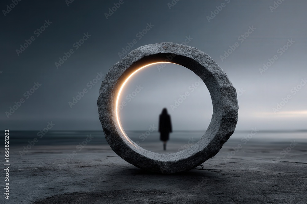 Fototapeta premium Person steps through the portal on a grey beach near a flat ocean