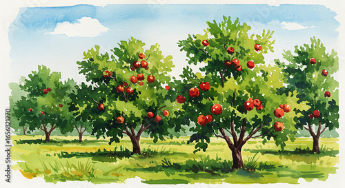 Vibrant watercolor painting of apple trees in orchard under summer sky offers fresh countryside charm