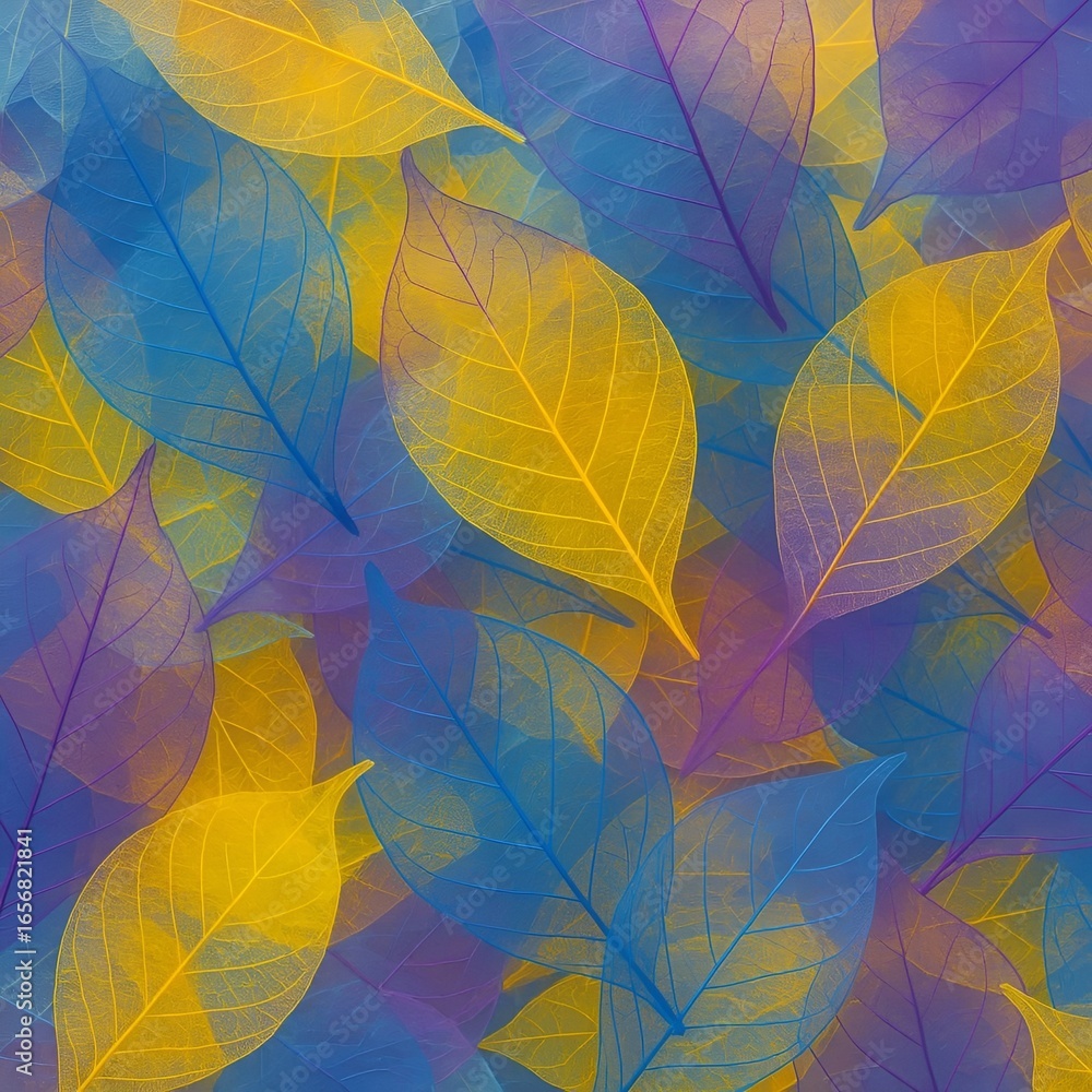 Obraz premium abstract digital artwork featuring overlapping translucent leaves in vibrant autumn colours