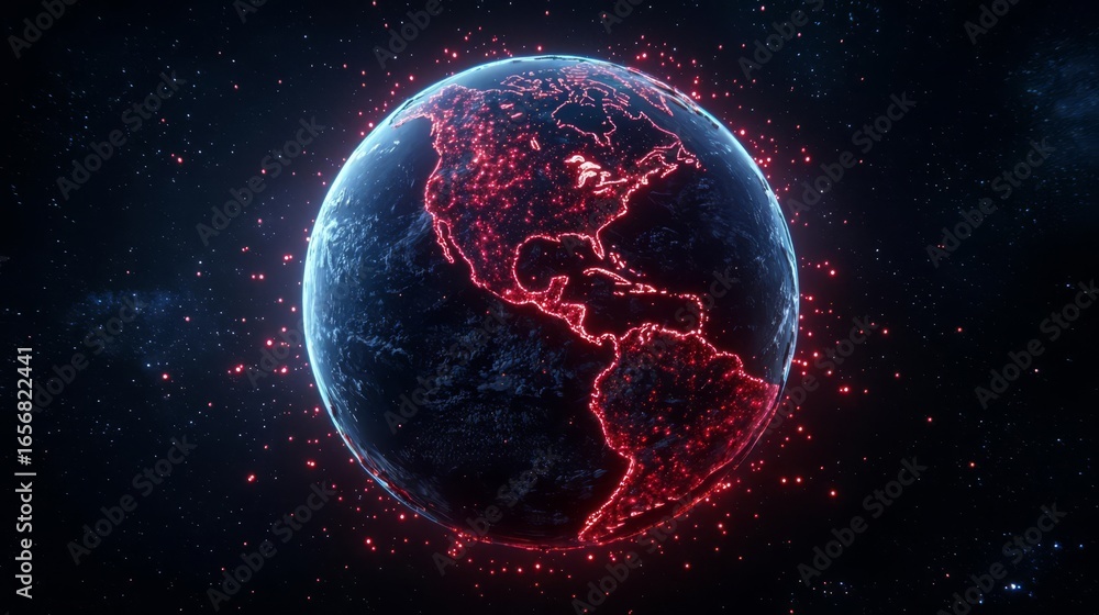 Fototapeta premium A vibrant digital representation of Earth, showcasing glowing outlines and intricate details in a cosmic backdrop.