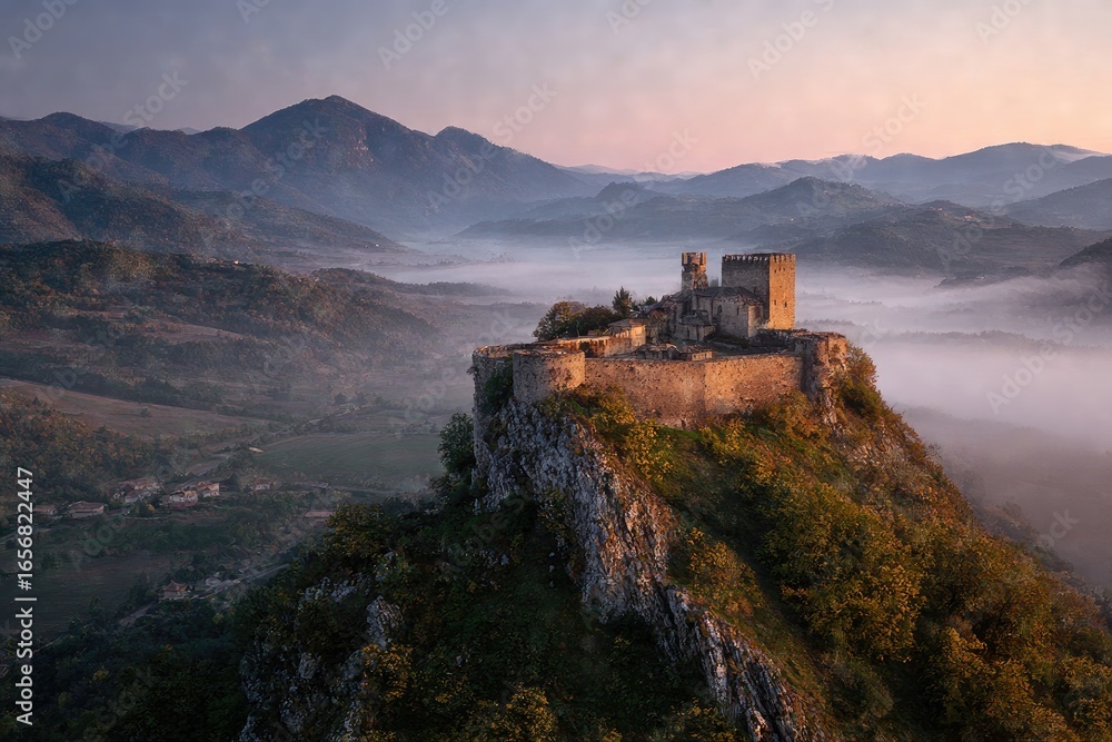 Obraz premium Ancient castle perched on a misty mountaintop