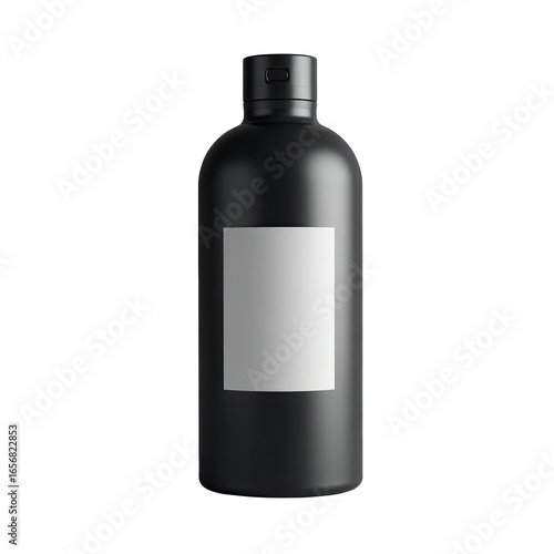 Blank label on a matte black bottle.