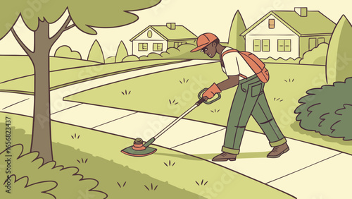 A male gardener trimming edges, focused mood, maintaining landscaping in residential area, sunny outdoor setting