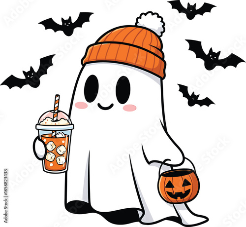 Cute halloween ghost with orange beanie holding a pumpkin bucket and drink surrounded by bats