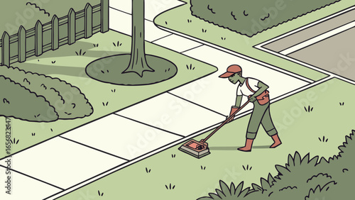 A male gardener trimming grass, focused mood, maintaining lawn in residential area, outdoor setting