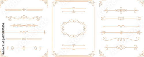 Collection of elegant vintage design elements featuring golden ornamental dividers, calligraphic borders, and filigree frames