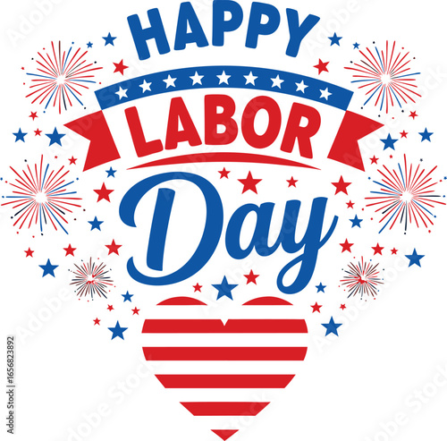 Festive patriotic labor day celebration with stars fireworks and a heart shape emblem.