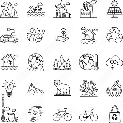 Climate change icon set, global warming vector symbols, sustainability, eco crisis, melting glaciers, forest fire, carbon, energy, flood