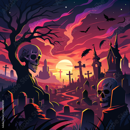 Spooky halloween cemetery scene with skeletons and bats at sunset