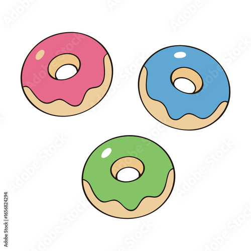 Three colorful donuts with pink blue and green icing on white background food sweet 1