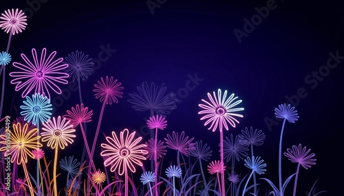 Colorful stylized flowers with vibrant neon colors on dark background  