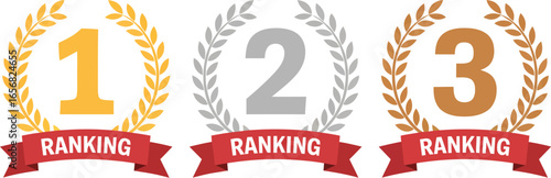 Gold, silver, bronze ranking award badges with numbers, laurel wreaths, and 'RANKING' banners, signifying top achievement and competitive success.