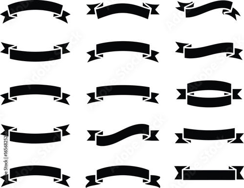 A comprehensive collection of 15 classic black ribbon banner designs, ideal for decorative text, elegant labels, certificate headers, and sophisticated graphic design projects.