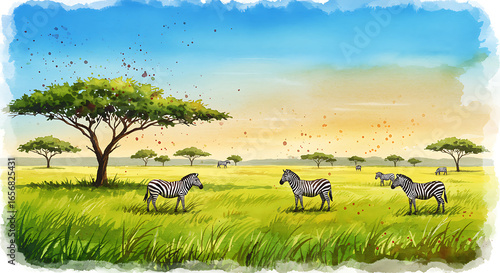 Stunning watercolor painting of zebras grazing serenely in a vibrant African savanna landscape at sunset